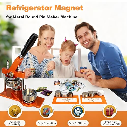 Magnet Maker Machine, Round Badge Pin Button Presser with Paper Cutter + 100 Sets Magnets Making Supplies + 100 Sets Badge Making Supplies + 100pcs Photo Paper 1.46x1.46in/37x37mm - size: 1.46x1.46in/37x37mm