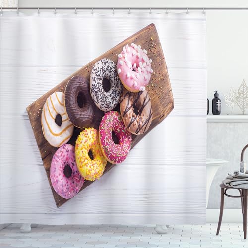 Ambesonne Donut Shower Curtain, Colorful Doughnuts on Wooden Plate Close-up Photography Food Print, Cloth Fabric Bathroom Decor Set with Hooks, 69" W x 70" L, Soft Pink Mustard and Taupe - color: Soft Pink Mustard and Taupe, size: 69" W x 70" L