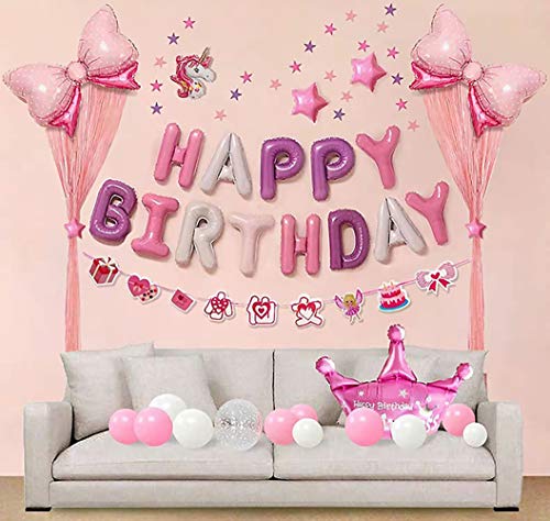 KALOR Purple Pink Happy Birthday Balloons Banner, 16 Inch Mylar Foil Letters Balloon Sign for Girls Women Birthday Decorations Photo Backdrop - color: Purple Pink