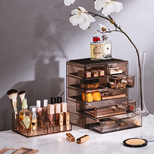 Sorbus Acrylic Makeup Organizer Set, 7-Drawer Vanity & Countertop Cosmetic Storage with Small & Wide Compartments, Bronze Glow Makeup Storage for Brushes, Jewelry – Holiday Gift for Women & Teens - color: Bronze Glow, size: 3 Large, 4 Small Drawers