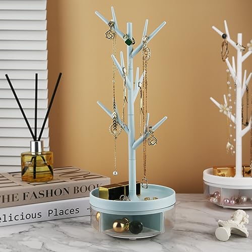 Branch Jewelry Rack With Rotatable Base and Storage Box Tree Tower Rack Hanging Organizer for Ring Earrings Necklace Bracelet,Suitable for living rooms, bathrooms,offices,etc. - color: C Blue