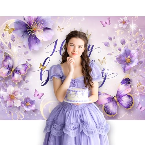 Newsely Purple Butterfly Happy Birthday Backdrop 7Wx5H Photography Lilac Floral Flower Gold Crown Girly Princess Background Fashion Elegant Bday Party Decorations Banner Photo Booth Props Supplies - color: I-Purple, size: 7Wx5H