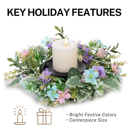 MOYEE Candle Holder Centerpieces for Tables,Candle Ring,Wreaths, Black Metal Paired Artificial Flowers 14 in Versatile Dining Table Centrepiece (Blue Purple Combination) - color: Blue and Purple Flower Wreath