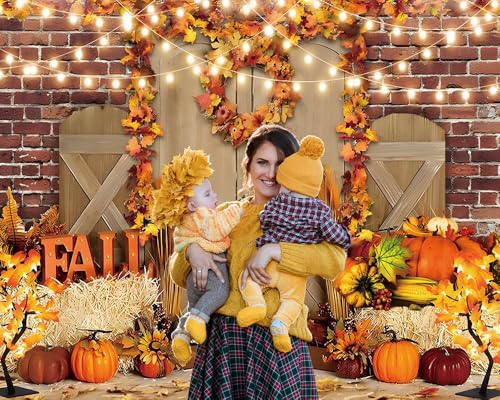 Fall Thanksgiving Backdrop Fabric 10x8ft Autmn Pumpkin Rustic Barn Door Red Brick Wall Photo Background for Photography Fall Festival Birthday Baby Shower Decorations Studio Photo Booth Props - color: Fall Barn Door 01