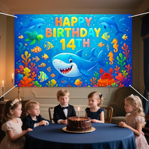 IVN Happy 14th Birthday Backdrop Banner 71x43 Inch Ocean Theme Under the Sea Fourteenth Birthday Party Decorations Photography Background Photo Booth Props for Boys Girls - color: Happy Birthday 14th