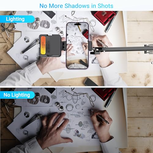 Overhead Phone Mount with Rechargeable Light for iPhone, Desk Tripod with Clamp for Content Creator Camera Recording, Top Down Holder Stand for Filming/Live/Cooking/Unboxing/Drawing/YouTube/TikTok