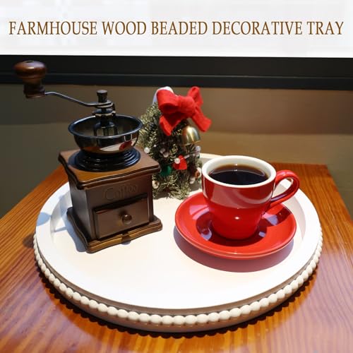 Hrastany Round Wood Serving Tray with Beaded, 13” Rustic Wooden Decorative Coffee Table Tray for Centerpiece, Ottoman, Farmhouse Circle Trays for Counter, Living Room, Home Decor (White) - color: Round White, size: 13"
