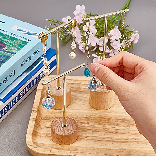 FINGERINSPIRE Gold Metal 3 Pcs T Bar Earring Display Stand with Wooden Base Jewelry Holders Hanging Jewelry Organizer for Store Retail Photography Props【Gold- Round Base, 6.3&5.5&4.6 Inch Height】 - color: Gold- Wood Round Base, 6.3&5.5&4.6 Inch Height