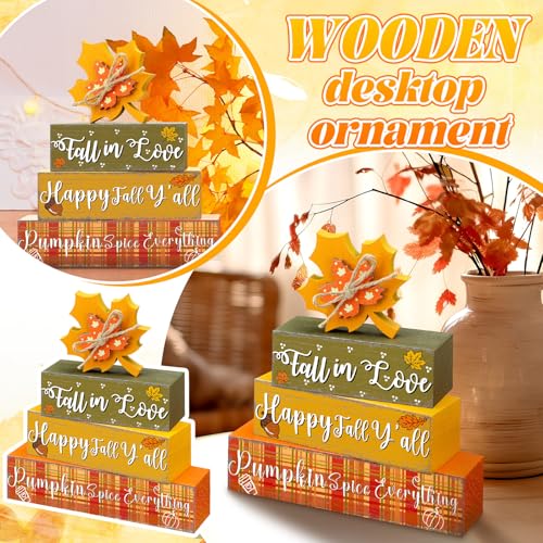 Geelin 4 Pcs Thanksgiving Decorations Fall Wooden Sign Maple Leaves Thanksgiving Pumpkin Table Centerpiece Tiered Tray Decor Fall Wood Blocks Tiered Tray Decor Table Top Sign for Home - style: Maple Leaves