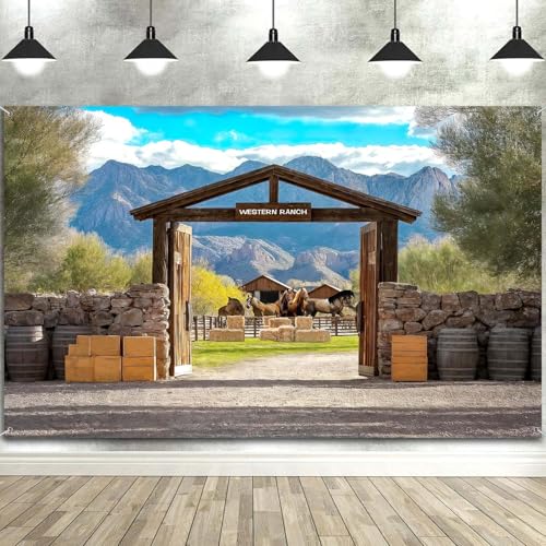 Wathon Southwest Country Ranch Backdrop for Photography Western Cowboy Photo Backdrop Retro Rustic Horses Mountain Texas Photo Background Booth Video Studio Props 7X5FT - color: Ranch Mountain, size: 7X5FT