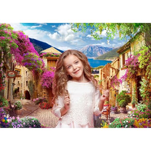 Coastal City Backdrop Mediterranean City Old Town Street Cafe Shop Photography Background Garden Blossoming Flowers Mountain Village Scenery Backdrop Decors for Travel Vacation Birthday Props 5x3ft - color: Purple_Blue, size: 5x3ft