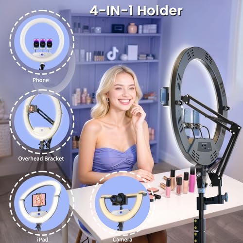 22" Foldable Large Ring Light with Stand for iPhone iPad,75" Tripod with Overhead Shooting Bracket 50W 6500K 4 Clips/LCD Display/2 USB PortsTattoo Barber Makeup Studio Video Photography Lighting - size: 22 inch Foldable with Tripod