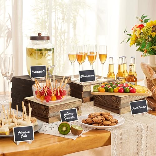 8 Pcs Buffet Risers with Mini Signs, Rustic Wood Cake Stands, Food Risers for Buffet Table, Dessert Display Stand, Wood Crates, Rustic Cake Stand for Party, Wedding, Birthday, Baby Shower, 4 Sizes - color: Rustic Dark Brown, size: 8 Pcs (8.0", 7.0", 6.5",