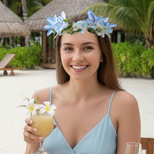 Hawaiian Flower Crown Headband, Blue Tropical Leis Floral Headpiece, Artificial Hawaii Flower Hair Accessories with Ribbon for Women Hula Dance Party Costume Beach Pool Vacation Favors - color: Blue
