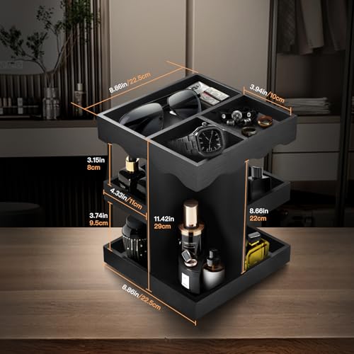 Rotating Cologne Organizer for Men - 3 Tier Solid Wood Perfume Stand & Large Capacity Fragrance Display Case - Mens Dresser Decor & Nightstand Organization - Anniversary Birthday Gifts for Husband Father