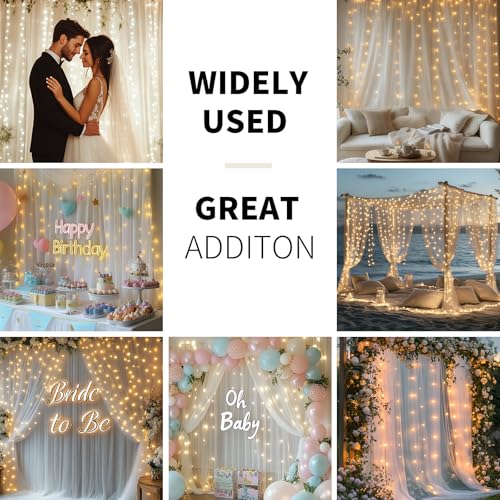 White Tulle Backdrop Curtain with Lights - 10x8ft Sheer Backdrop with 250 LEDs for Wedding, Baby Shower, Bridal Shower, Birthday Party Photo Shoot Background and Home Decorations - color: White, size: 10 x 8 Feet