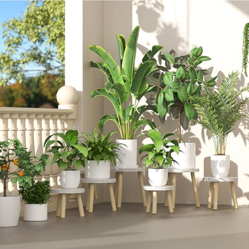 3-Pack Wood Plant Stands Indoor, Single Plant Stand for 6-12 Inch Pots, Mid-Century Modern Plant Stool, Tall Plant Stand for Large Plants for Living Room, Balcony, Office (White) - color: White Tray with Wood Color Legs