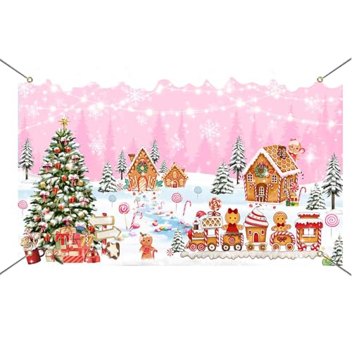 Mocsicka Christmas Gingerbread House Backdrop Banner Pink Merry Christmas Candyland Backdrop Winter Xmas Baby Shower Birthday Family Holiday Party Decortaions Photo Booth Props - color: Pink
