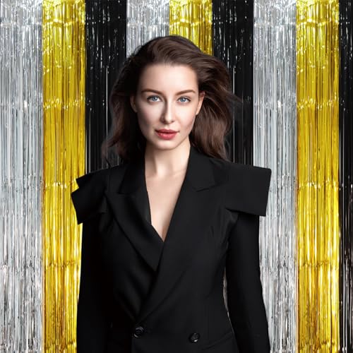 Voircoloria 2 Pack Black Gold Silver Foil Fringe Backdrop Curtains, Tinsel Streamers Party Decorations, Fringe Backdrop, Door Shimmer for New Years or Birthday Party - color: 48 Black Gold and Silver