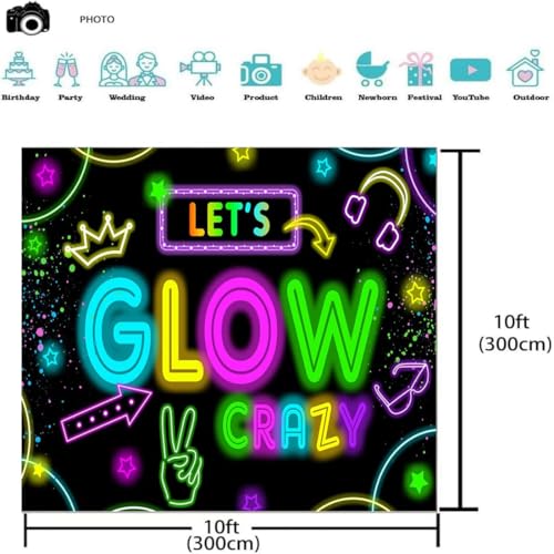 Neon Glow Party Decorations Supplies Backdrop 10x10ft Glow in The Dark Let’s Glow Banner Photography Background Birthday Sleppover Graffiti Splash Paint Black Light Kids Photo Booth - size: 10x10ft
