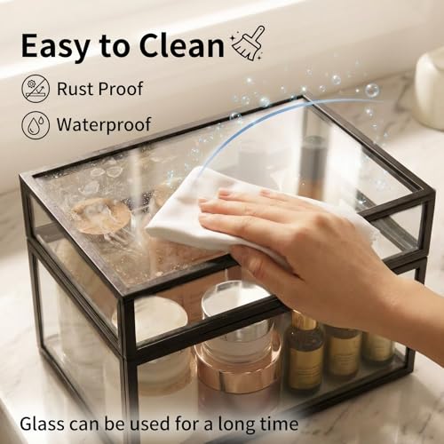 40 Lipsticks Organizer with Lid, Glass Display Box Fits Large Perfume & Skincare, Easy-Access Organiser for Vanity Countertop, Multifunctional Display Box in Any Rooms - color: black