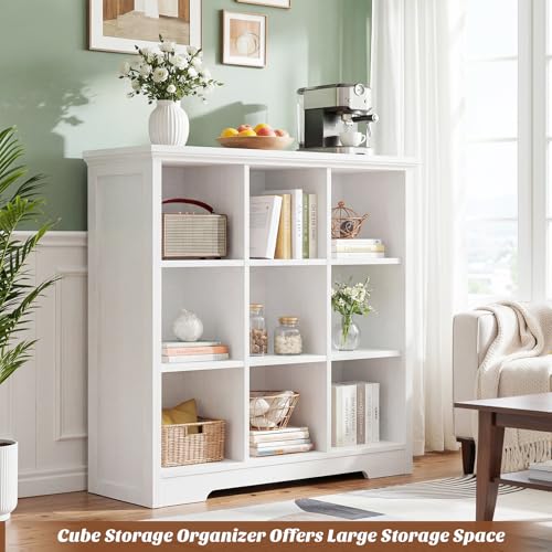 Aheaplus Wooden 9-Cube Storage Organizer with Charging Ports, Modern Cube Bookcase with Base, 4-Tier Floor Standing Open Cubbies Bookshelf, Cubicle Display Shelf for Home and Office, White - color: White, size: 9-Cube