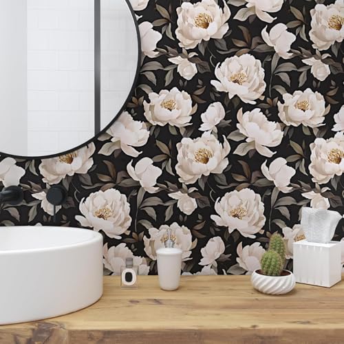Floral Wallpaper Peel and Stick, Black/Beige Contact Paper Large Peony Flowers 17.5" x 393.7", Vintage Wall Paper Mural Self Adhesive Removable Waterproof for Room Bedroom Shelves Cabinet Drawer Table - color: Black/Beige, size: 17.5" x 393"