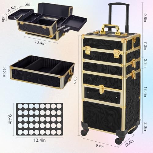 Somduy Rolling Makeup Case with Drawer, Makeup Train Case, 4 in 1Cosmetology Case on Wheels, Christmas Gift, Large Makeup Organizers, Profesional Cosmetic Case for Salon Barber, Pattern Black Gold - color: Black Gold