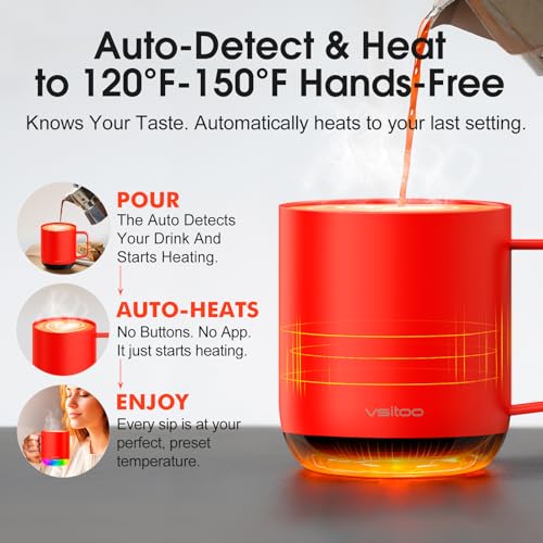 Vsitoo S6 Plus Smart Coffee Mug, 12oz,Temperature Controlled Mug & Electric Coffee Mug with Music Sync Lights,Auto-Sensing AI Heats Drinks to 120-150°F Hands-Free. Ideal for Home/Office/Gifts - Red - color: Red