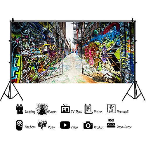 YongFoto 20x10ft Urban Street Graffiti Wall Backdrop Colorful Iron Gate Street Abandoned School Photography Background Punk Music Rock Concert Hip Hop Rap Fashion Party Decor Kids Adult Photo Props - size: 20x10ft