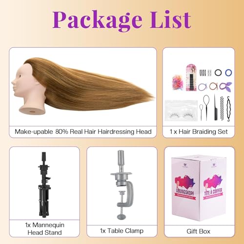 Mannequin Head with 80% Real Human Hair with Tripod Stand - 28" Makeup Cosmetology Manikin Doll Head for Hair Styling, Hairdressing Training Head for Braiding Practice Suitable for Hair Extensions - color: Brown &Tripod Set