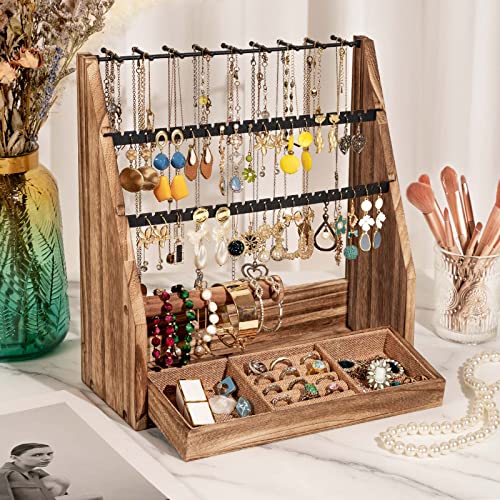 DGWJSU Jewelry Organizer Stand, 5 Layer Earring Holder Organizer with Necklace Holder, Rustic Wood Earring Organizer Display for Stud Earring Bracelet Necklace Ring, Watches - color: Rustic Brown