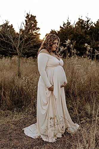 Saslax Maternity Off Shoulders Half Circle Gown for Baby Shower Photo Props Dress - color: Champagne, size: X-Large