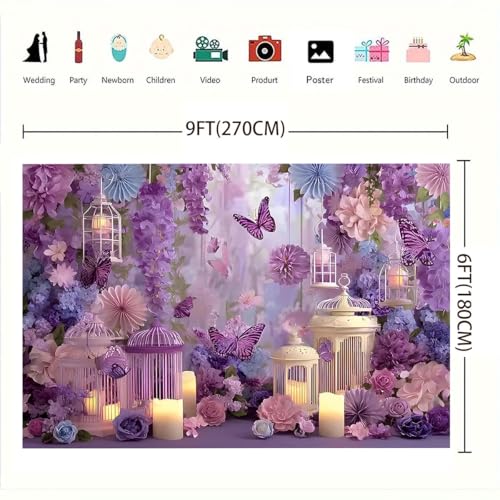 Purple Pink Flower Backdrop Lavender Wisteria Floral for Parties Wedding Butterfly Candlelight Glitter Background Girl Birthday Decoration Engagement Ceremony Photo Studio Props (B, 6X4FT) - color: B, size: 6X4FT