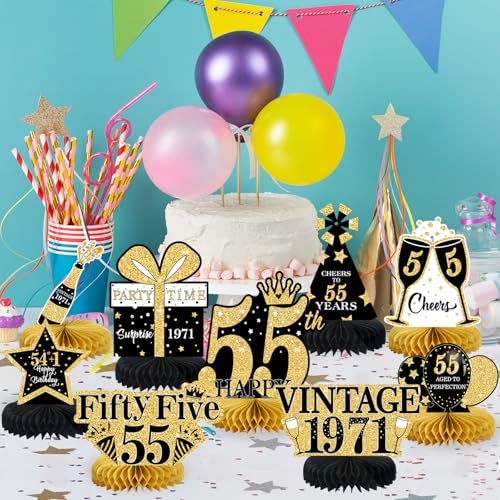 9Pcs 55th Birthday Decorations Honeycomb Centerpieces for Men Women, Black Gold Happy 55th Birthday Centerpieces Tables Toppers Party Decorations Supplies, Vintage 1971 Aged Table Sign Decor - color: Black Gold 55th