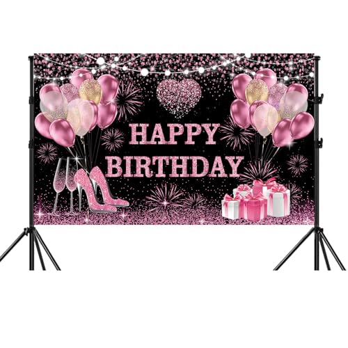 180x120 cm Pink Golden Happy Birthday Backdrops Cloth 71x47 inch Bday Party Photography Backgrounds Glitter Black Rose Golden Happy Birthday Sign Banner Decoration for Women Girl - color: Pink Gold