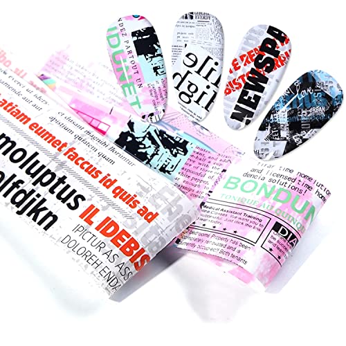 Newspaper Nail Foil Transfer Stickers English Letter Designs Nail Decals Supplies Set Acrylic Nails Sticker Decorations for Nail Transfer Glue Polish, Women DIY Manicure Accessories Set 10Sheets - style: Newparpe