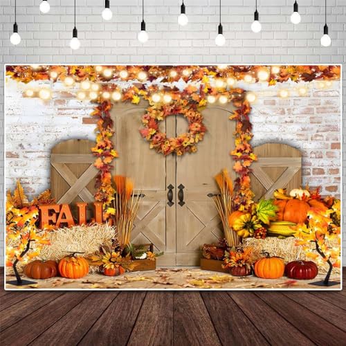 Happy Fall Backdrop Thanksgiving Harvest White Wall Pumpkin Sunflower Rustic Farm Door Autumn Nature Scenery Photography Background for Portrait Photoshoot Photo Studio 8X6FT - color: Fall 006, size: 8x6ft
