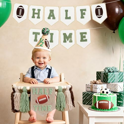 THAWAY Football 1/2 Birthday Decorations Kit - Includes “Half Time” Banner, High Chair Garland, “1/2 Way to One” Cake Topper, Soft Cone & Photo Backdrop for 6-Month Football Party - color: Green Brown
