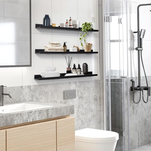 MBYD Dark Black Solid Wood Floating Shelves for Wall, 24 Inch Modern Photo Shelf Wall Mount, Picture Ledge with Lip Set of 3, Book Shelves for Bathroom Bedroom Kitchen Living Room Nursery - color: Black, size: Set of 3 24 in