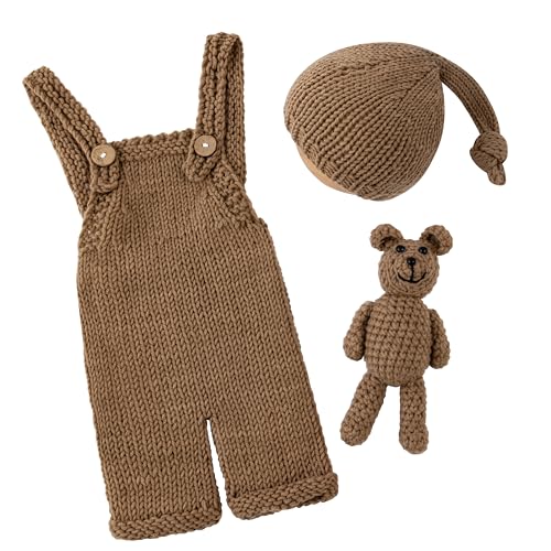 Newborn Photoshoot Outfits Crochet Bear Hat & Romper Set for Baby Boys Girls - Handmade Photo Props Outfits - color: Camel