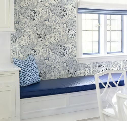 Wudnaye Navy Blue Floral Peel and Stick Wallpaper Blue and White Wallpaper 16.9"×78.7" Navy Floral Stick and Peel Wall Paper Flowers Contact Paper Self Adhesive Removable Waterproof for Bathroom Decor - color: Blue, size: 17" x 78.7"