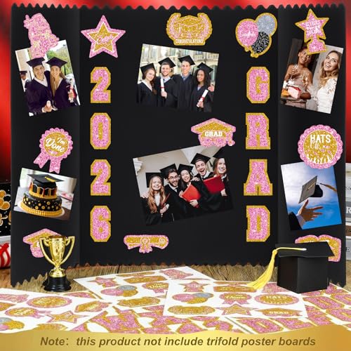 AmazingSpark 2 Sets 40 x 28 Large Trifold Poster Board for Graduation Photo Display Board with 12 Grad Themed Stickers for 2026 Presentation Party Decor Event Collage Frame Supplies (Pink Gold) - color: Pink Gold, size: 24 x 16"