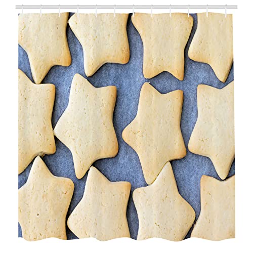 Ambesonne Cookie Shower Curtain, Xmas Themed Holiday Vibes Closeup Star Shaped Biscuits on a Bluish Backdrop, Cloth Fabric Bathroom Decor Set with Hooks, 69" W x 75" L, Ceil Blue and Beige - color: Ceil Blue and Beige, size: 69" W x 75" L