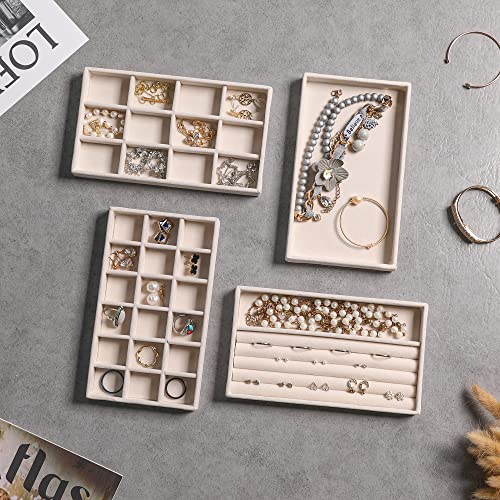 Frebeauty Jewelry Organizer Tray,Stackable Velvet Jewelry Trays,Drawer Inserts Earring Organizer For Women Jewelry Storage Display Case for Rings Stud Necklaces,Set of 9(Beige) - color: Beige, size: Set 9