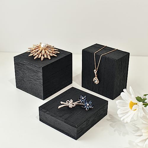 MOOCA Customizable Wooden Display Risers Set - 3 Different Height Stands for Jewelry, Watches, Cosmetics, and Accessory, Black Color - color: Black