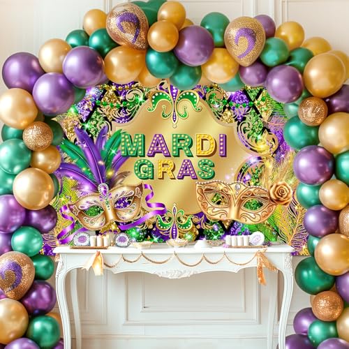Avezano Mardi Gras Party Backdrop for Festival Carnival Masquerade Photoshoot Photography Background Retro Glitter Gold Green Purple New Orleans Mask Mardi Gras Party Decorations (8x6ft) - size: 8x6ft