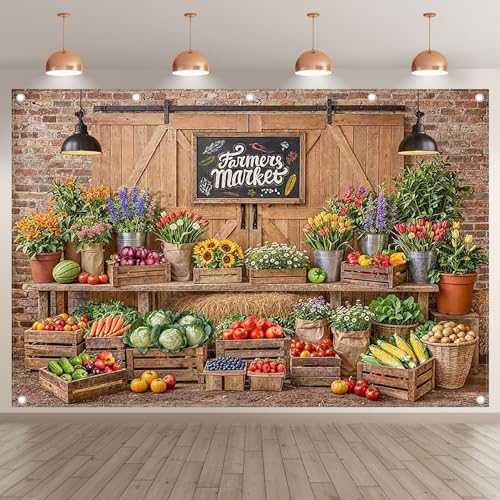 12x8ft Fabric Farmers Market Backdrop Fresh Vegetables Flowers Wooden Barn Spring Photography Background Baby Shower Birthday Party Decorations Photo Banner Props - size: 12'x8'