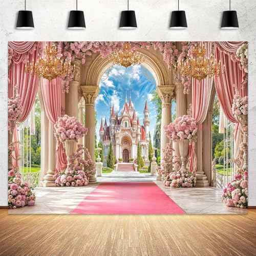 5 x 3 ft Princess Castle Backdrop Pink Palace Curtain Floral Fairy Tale Garden Green Plants Cloud Crystal Lamp Background Girls Child Birthday Party Decorations Photo Booth Banner - color: Multi6, size: 5x3ft