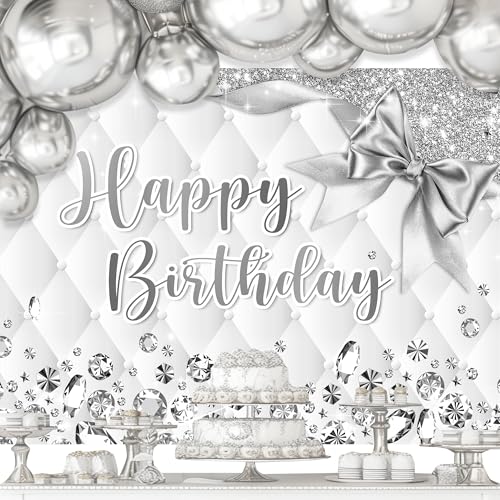 Newsely White and Silver Birthday Backdrop 8Wx6H Photography Happy Birthday Backdrop Diamonds Bday for Girls Women Background Modern Luxury Elegant Party Decorations Banner Photo Booth Props Supplies - color: B-White Silver, size: 8Wx6H